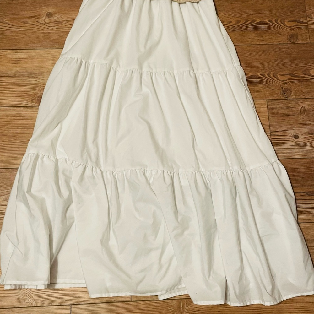 Sleeveless Beige Knit Bodice White Tiered Maxi Dress - Picture 4 of 7